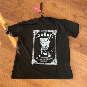 Black Goth oversized S T-Shirt with Skeleton Cat tarot card Design nwt